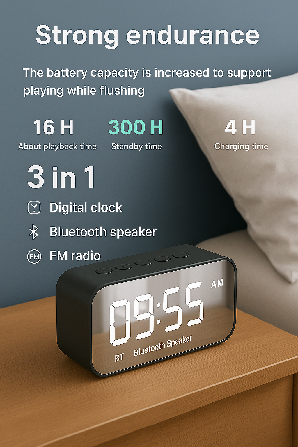 Digital Alarm Clock With Bluetooth Speakers and FM Radio
